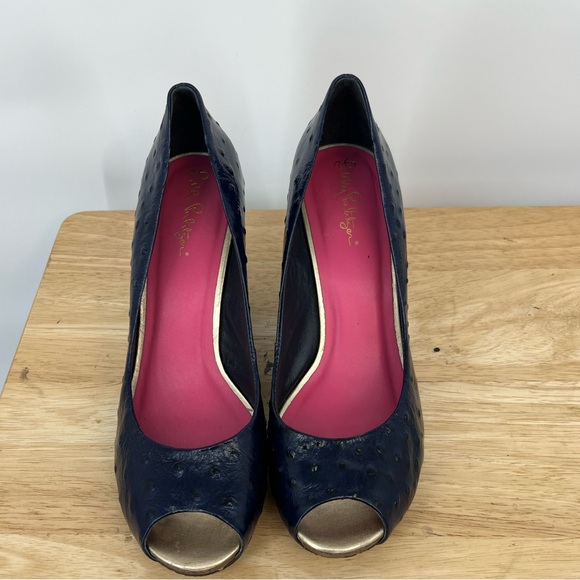LILLY PULITZER CORK wedge blue leather peep toe heels women’s shoes size 8 1/2 - Picture 2 of 9